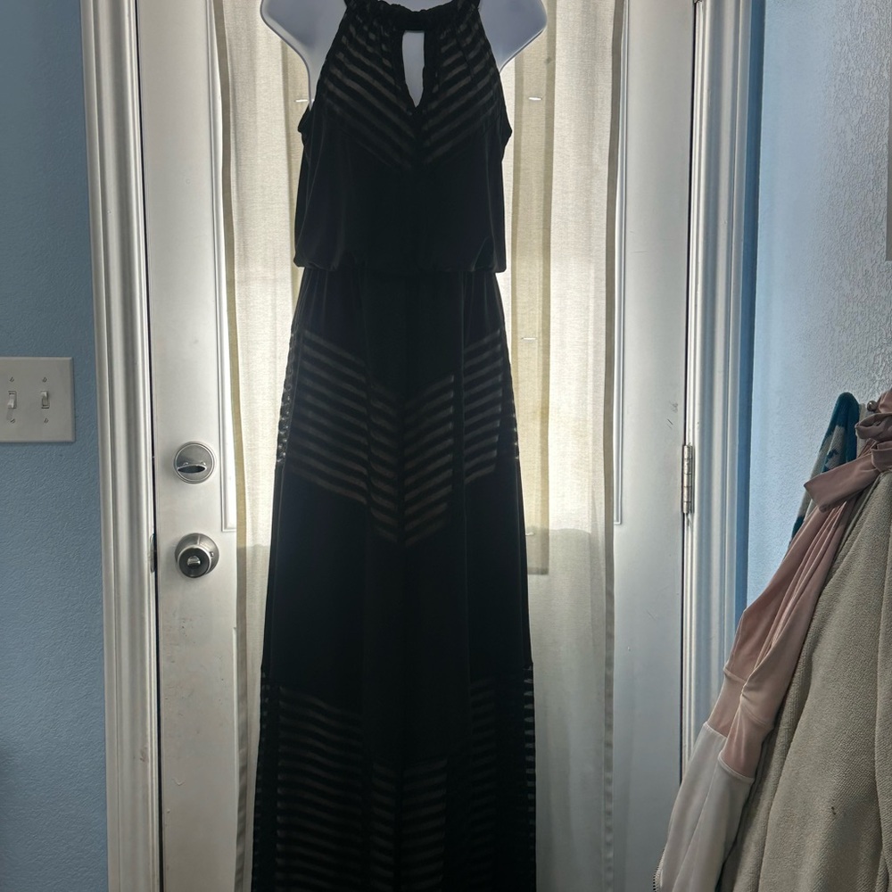 London Times Black Sheer Stripe Maxi Dress
